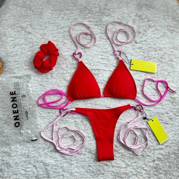 NWT OneOne Swimwear Valentines Day Bikini Ariel Sweetheart Haven Red Pink NEW - Picture 1 of 7